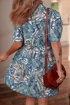 Blue Bohemian Paisley Floral V Neck Short Sleeve Mini Dress