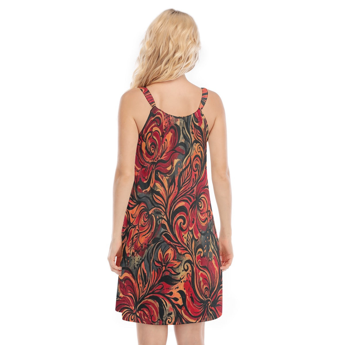 LuckeLadybug A-Line floral dress dress with vibrant floral pattern in red and black