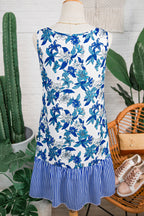 Sky Blue Floral Print U Neck Sleeveless Striped Ruffle Hem Patchwork Dress