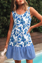 Sky Blue Floral Print U Neck Sleeveless Striped Ruffle Hem Patchwork Dress