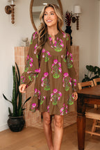 Brown Contrast Floral Print Babydoll Tunic Ruffled Hem Puff Sleeve Dress