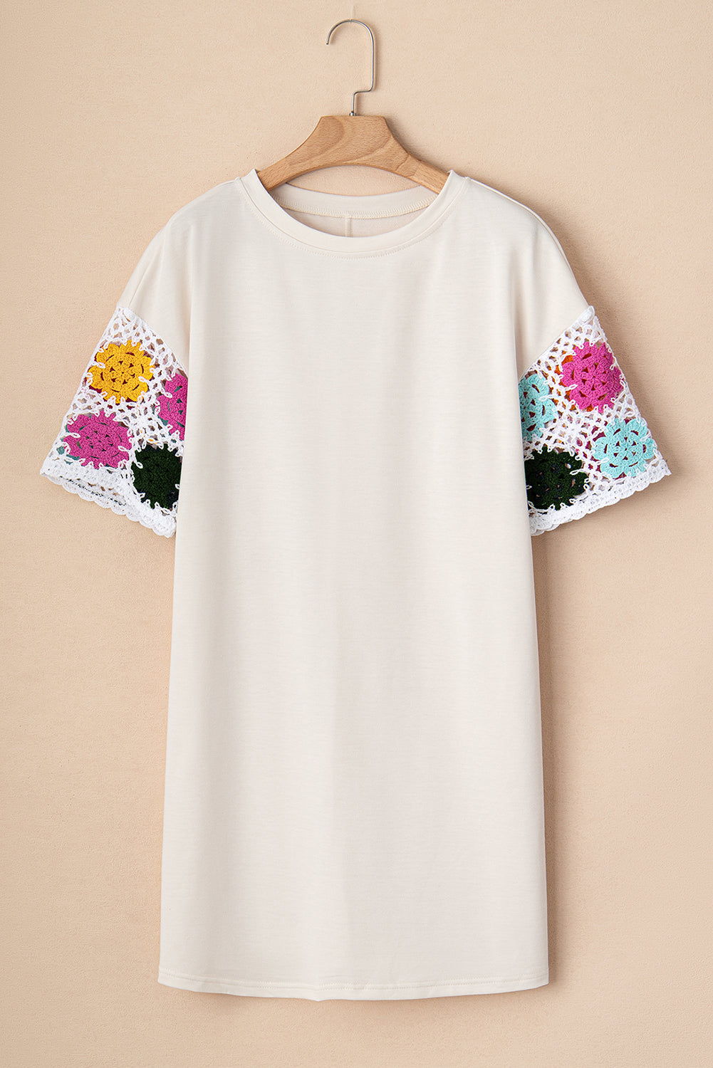 White T-Shirt by LuckeLadybug LLC with colorful floral crochet sleeves for a stylish floral dress dress look