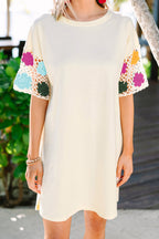 LuckeLadybug LLC Floral Dress Dress with Colorful Crochet Sleeves in Cream Color