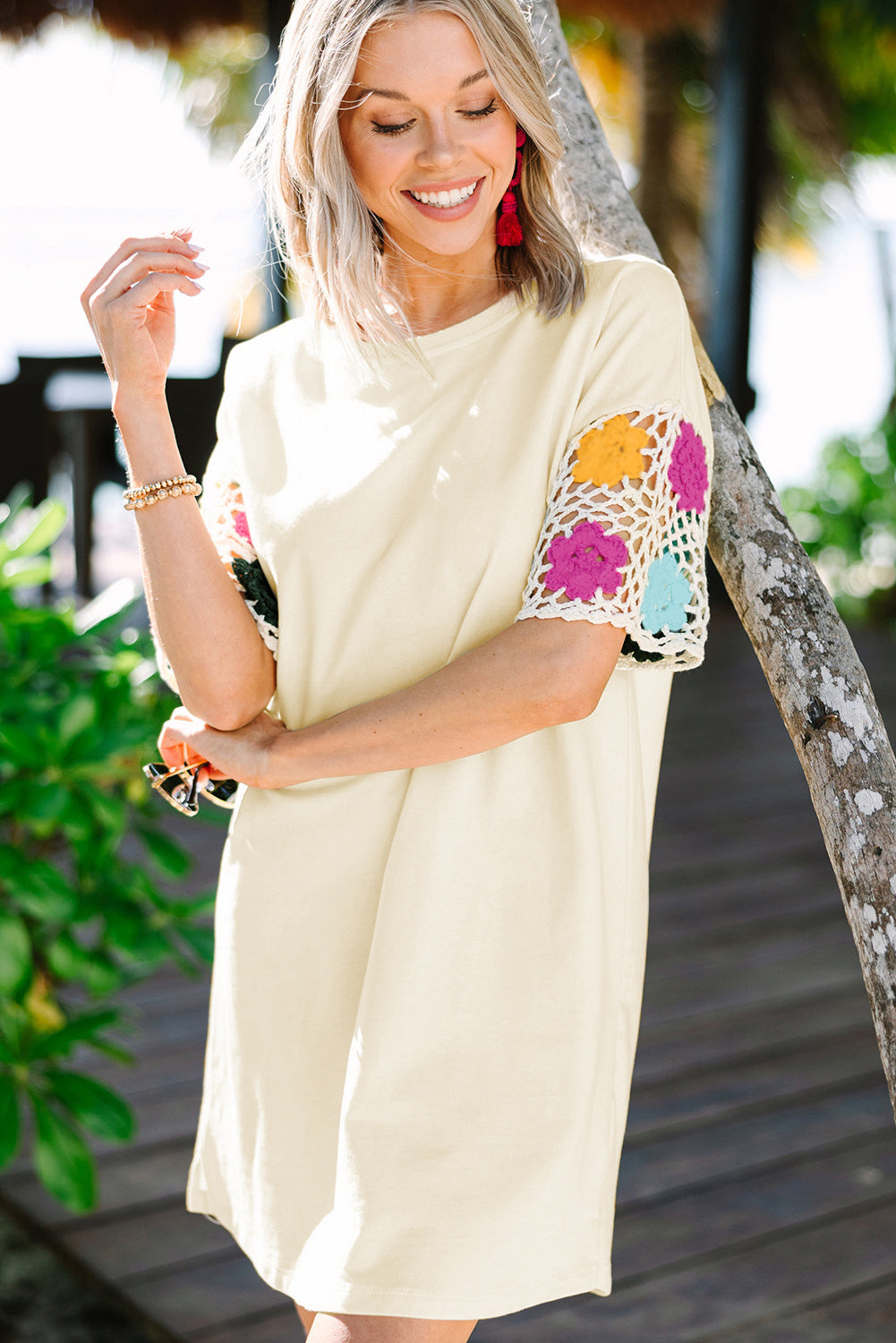 LuckeLadybug LLC Floral Dress Dress in Yellow with Colorful Crochet Sleeves for Stylish Summer Outfits