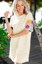 LuckeLadybug LLC Floral Dress Dress in Yellow with Colorful Crochet Sleeves for Stylish Summer Outfits