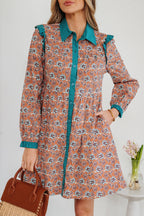 Orange Boho Floral Contrast Collared Shirt Mini Dress
