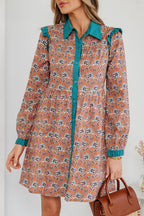 Orange Boho Floral Contrast Collared Shirt Mini Dress