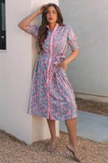 LuckeLadybug LLC Floral dress dress with pink and blue pattern, featuring a belted waist and short sleeves