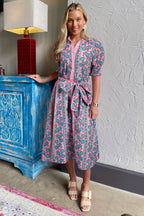 LuckeLadybug LLC Floral Dress Dress with Puff Sleeves and Tie Waist in Pink and Green Pattern