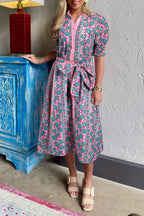 Fit & Flare floral dress dress with puff sleeves and waist tie from LuckeLadybug LLC