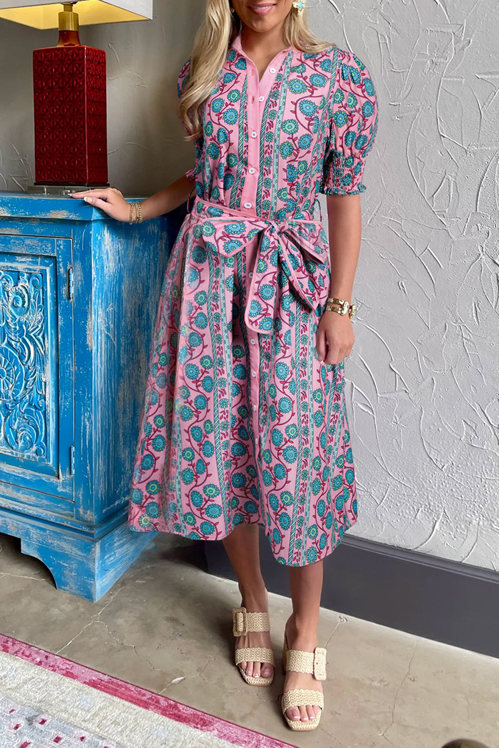 Fit & Flare floral dress dress with puff sleeves and waist tie from LuckeLadybug LLC
