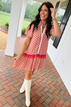 Orange Geometric Floral Print Color Block Trim Button Front Ruffle Hem Dress