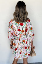 Beige Floral Print 3/4 Puff Sleeve Ricrac Trim Mini Dress