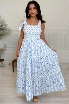 LuckeLadybug LLC Floral Dress Maxi in White and Blue with Ruffled Straps for Summer Outings