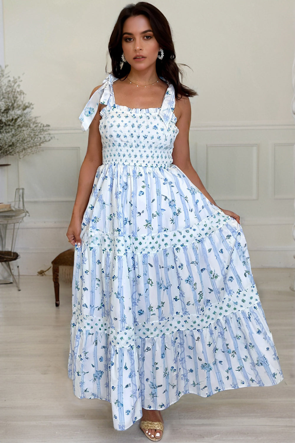 LuckeLadybug LLC Floral Dress Maxi in White and Blue with Ruffled Straps for Summer Outings