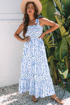 LuckeLadybug LLC Floral Dress Maxi with Blue and White Patterns and Adjustable Straps for Summer Wear