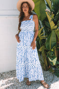 LuckeLadybug LLC Floral Dress Maxi in Blue with Floral Print and Tiered Design for Summer Events