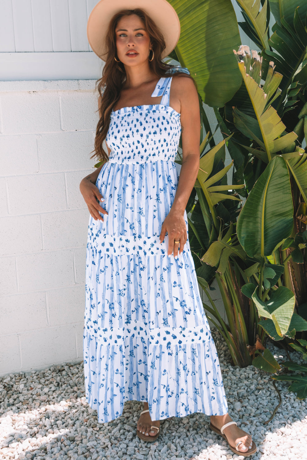 LuckeLadybug LLC Floral Dress Maxi in Blue with Floral Print and Tiered Design for Summer Events