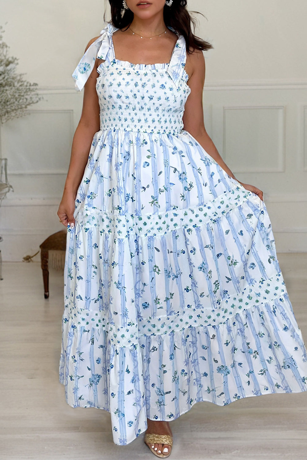 LuckeLadybug LLC Floral Dress Maxi with Ruffle Straps and Tiered Skirt in Blue and White Pattern