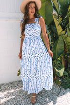 LuckeLadybug LLC Floral Dress Maxi in Blue with Straps and Flared Skirt, Perfect for Summer Outings