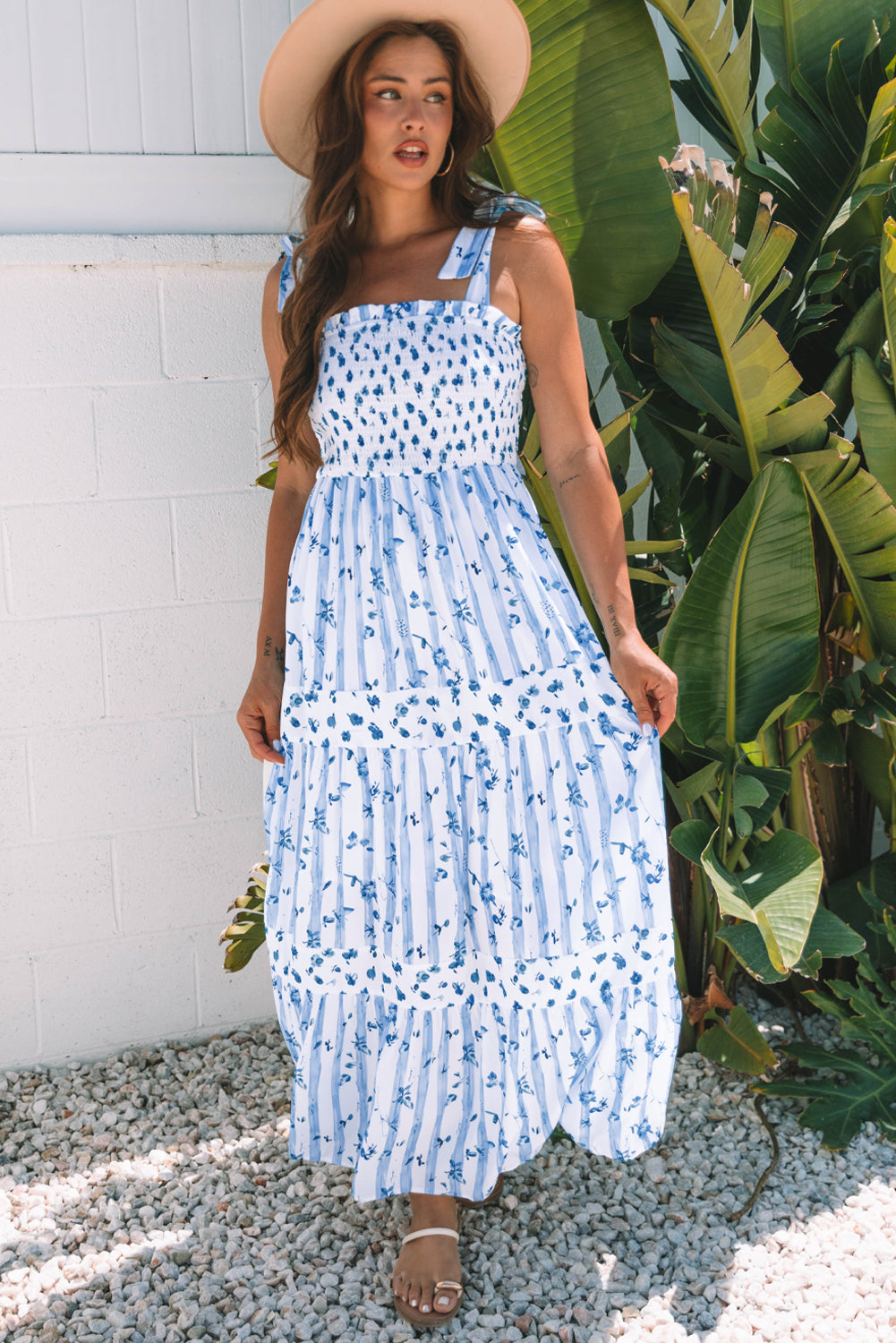 LuckeLadybug LLC Floral Dress Maxi in Blue with Straps and Flared Skirt, Perfect for Summer Outings