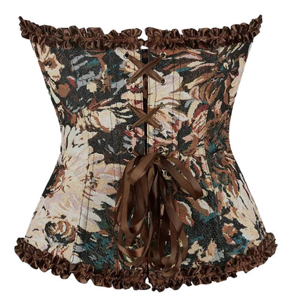 Floral gothic corset top with a lace-up back and decorative ruffle trim