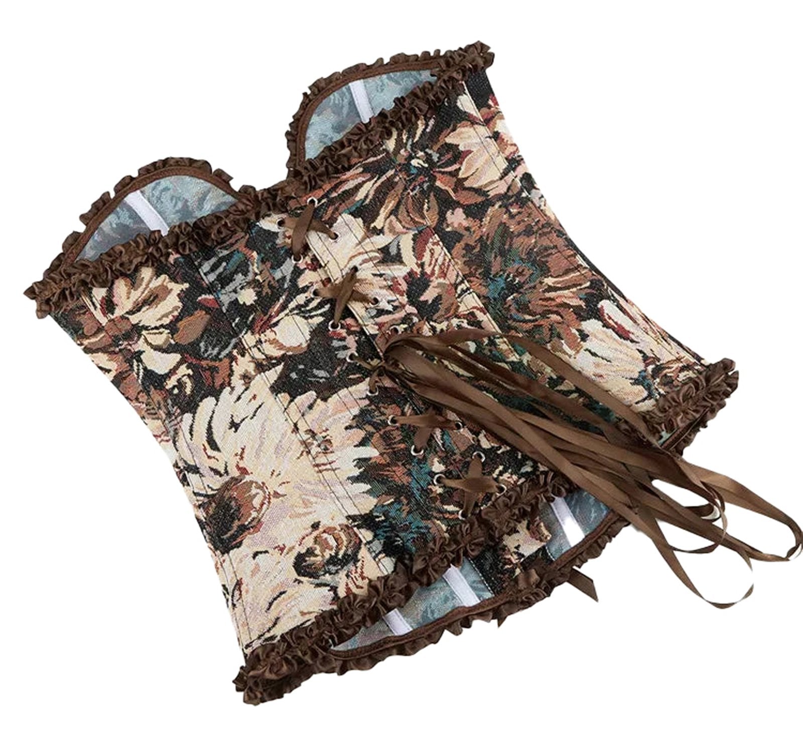 Floral gothic corset top with intricate floral patterns and lace-up detailing in a vintage style