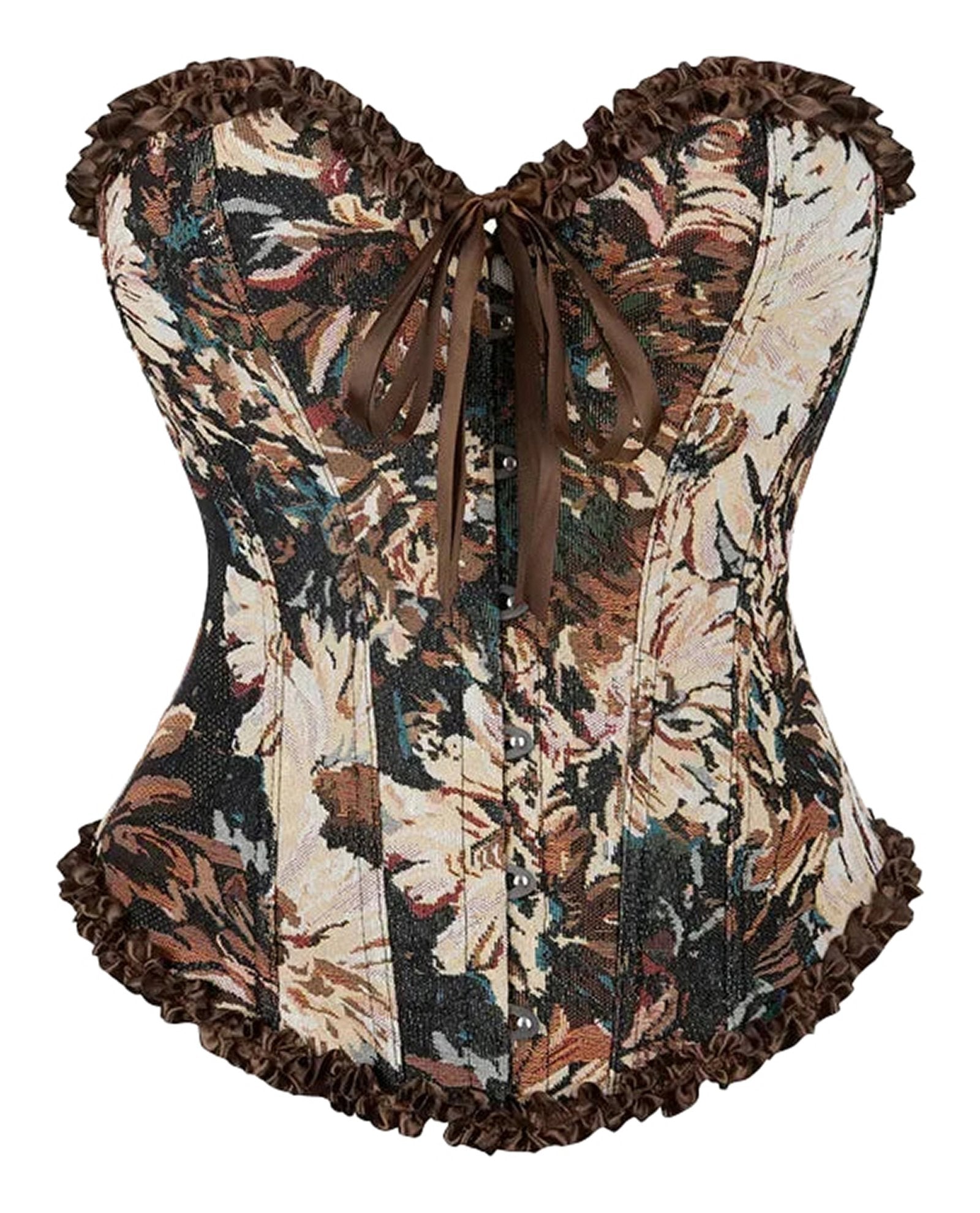 Floral Gothic Corset Top with Ruffled Edges and Lace-Up Front Style from LuckeLadybug LLC