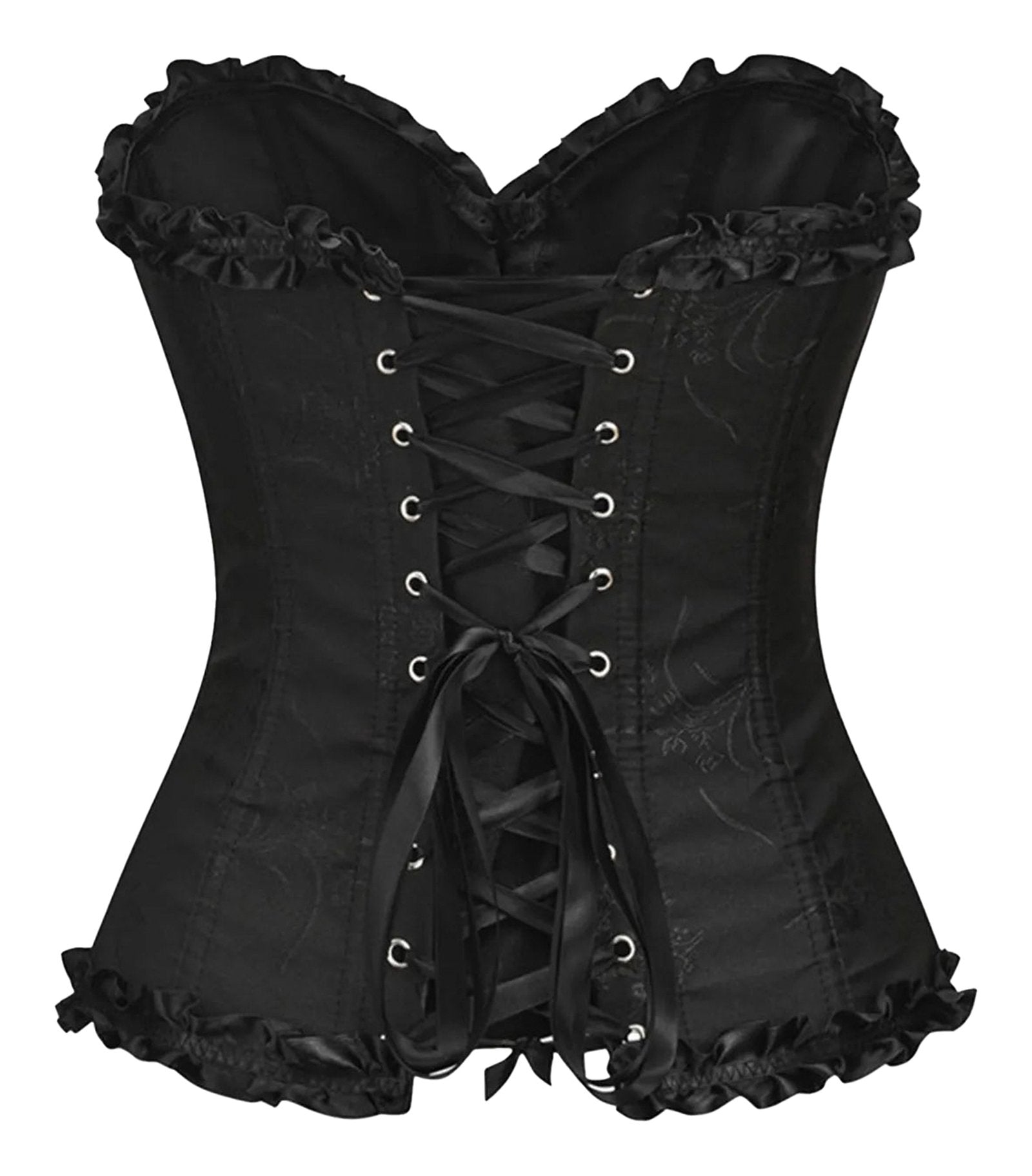 Black floral lace corset top for women with adjustable lace-up front and ruffled edges