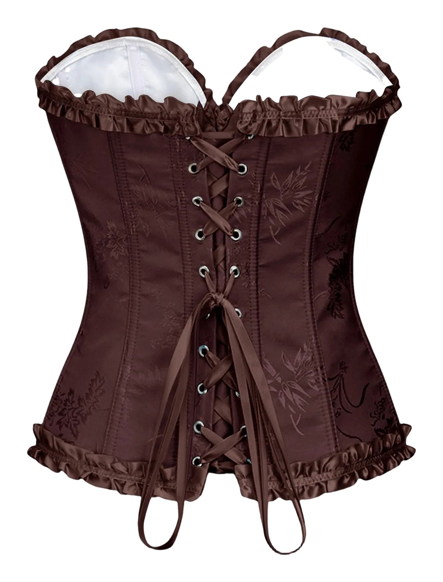 Elegant floral lace corset top for women in rich brown with intricate detailing and lace-up design