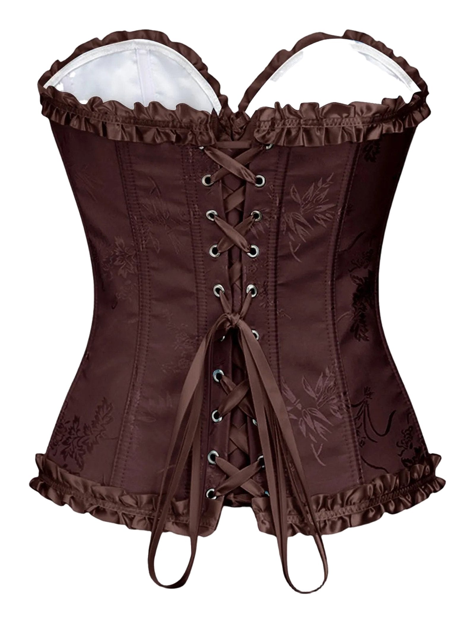 Elegant floral lace corset top for women in rich brown with intricate detailing and lace-up design