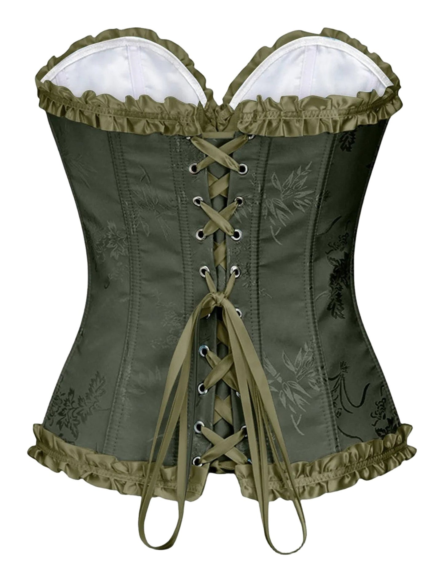 Olive green floral lace corset top for women with lace-up back and ruffled trim
