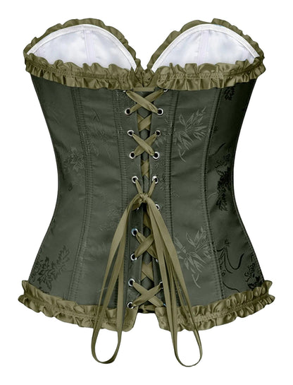 Olive green floral lace corset top for women with lace-up back and ruffled trim