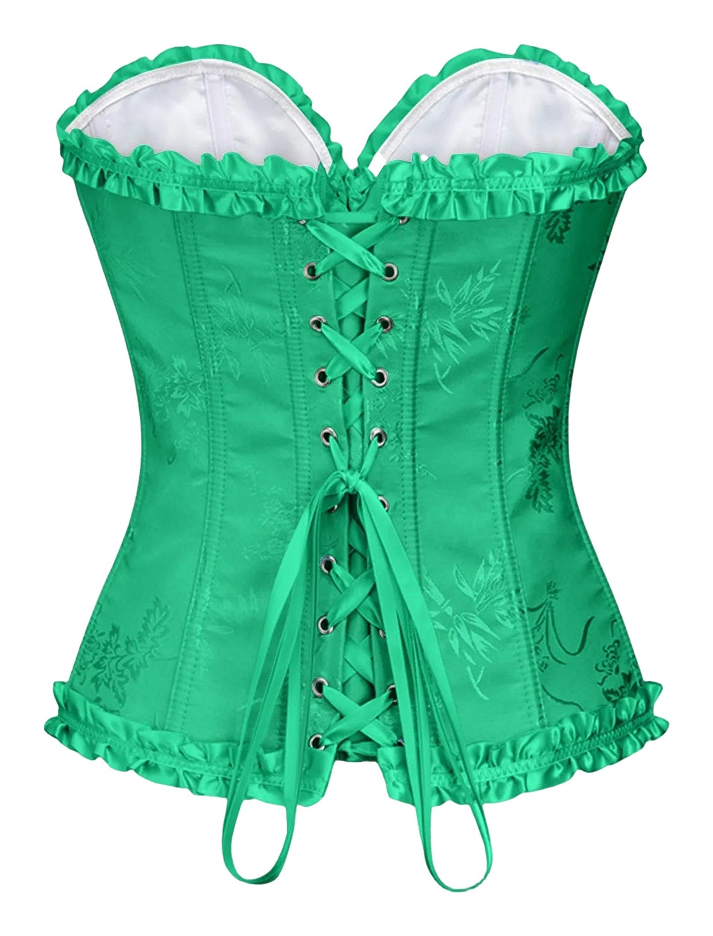 Green floral lace corset top for women featuring a decorative lace-up back and ruffled edges