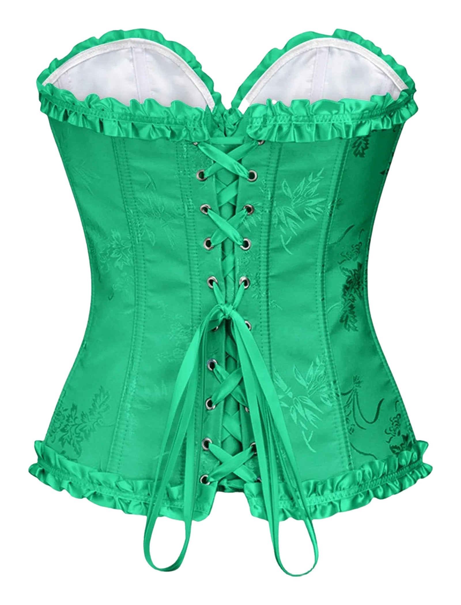 Green floral lace corset top for women featuring a decorative lace-up back and ruffled edges