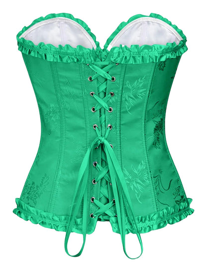 Green floral lace corset top for women featuring a decorative lace-up back and ruffled edges