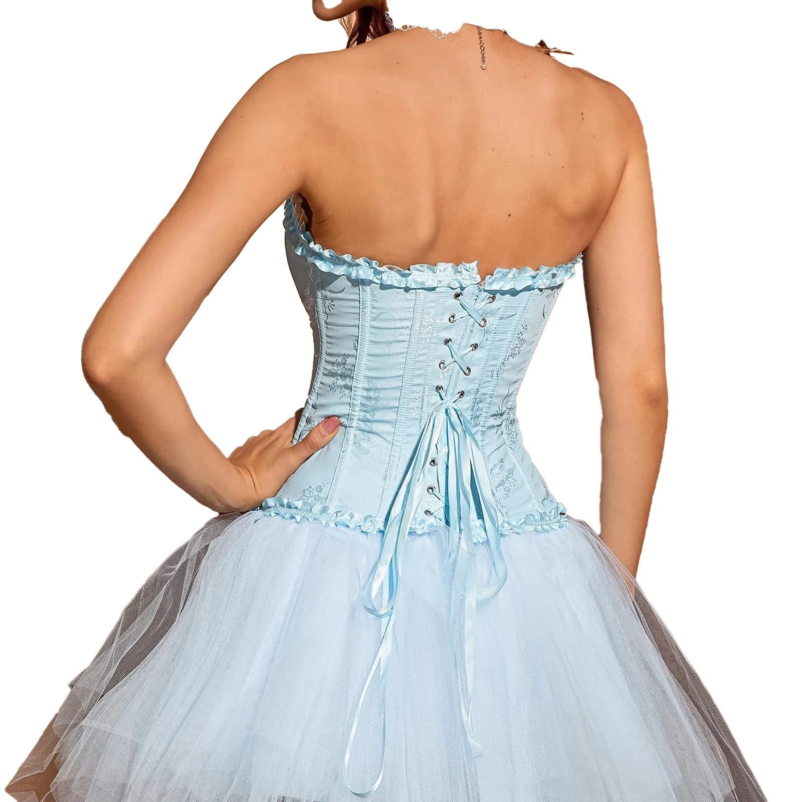 Back view of a light blue floral lace corset top for women with lace-up design and tulle skirt