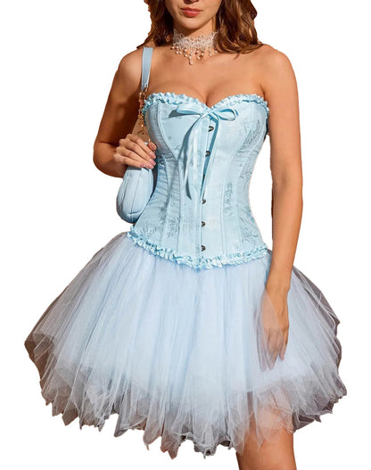 Light blue floral lace corset top for women paired with a tulle skirt for a stylish look
