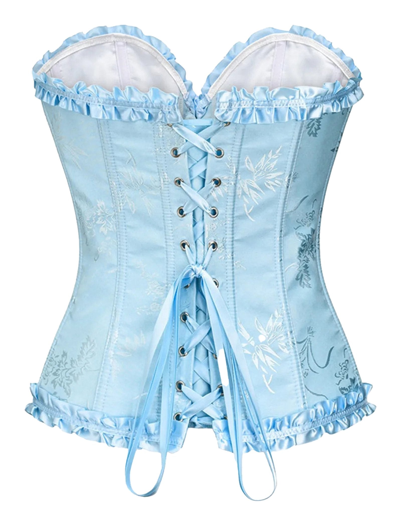 Light blue floral lace corset top for women with ruffled edges and lace-up back design