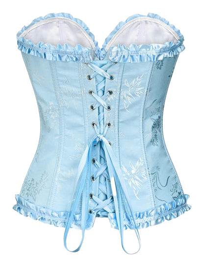 Light blue floral lace corset top for women with ruffled edges and lace-up back design