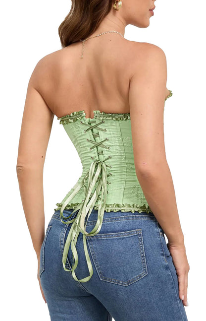 Back view of a green floral lace corset top for women featuring a laced design and frilled edges