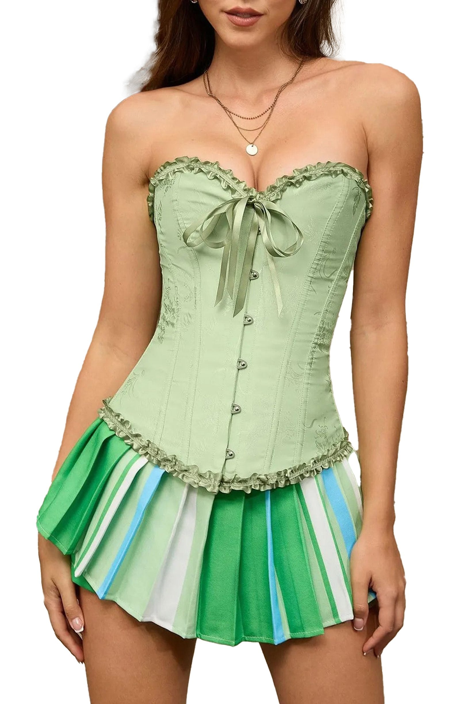 Green floral lace corset top for women with a stylish design and ruffled edges