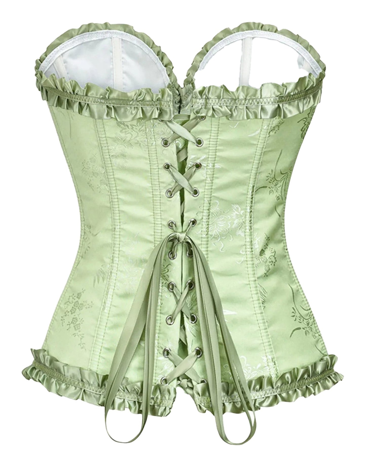 Elegant green floral lace corset top for women with ruffled edges and lace-up back detail