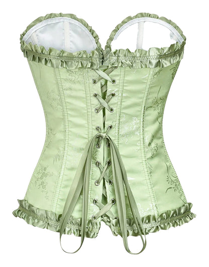 Elegant green floral lace corset top for women with ruffled edges and lace-up back detail