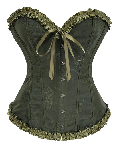 Olive green floral lace corset top for women with satin ribbon and decorative ruffles