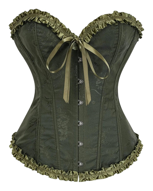 Olive green floral lace corset top for women with satin ribbon and decorative ruffles