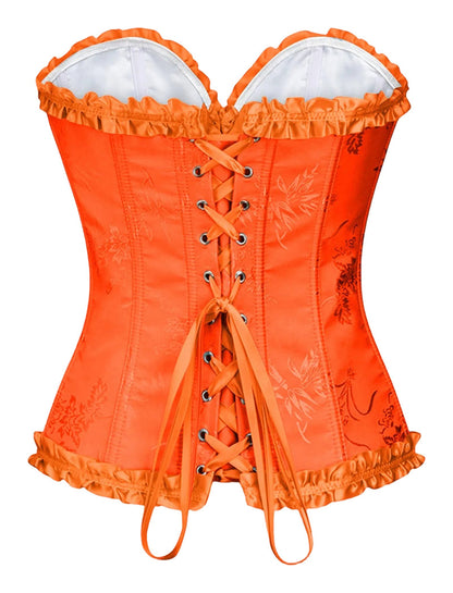 Bright orange floral lace corset top for women with ruffled edges and lace-up back detail
