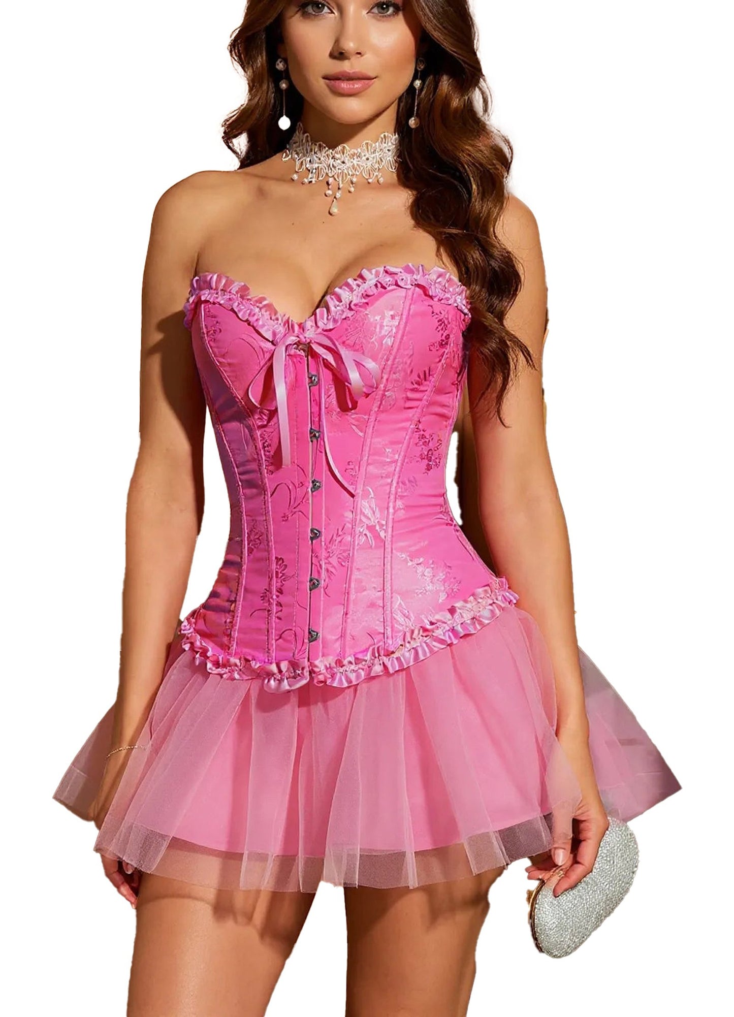 Pink floral lace corset top for women with a tulle skirt and elegant design details