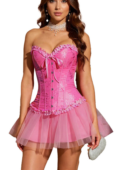 Pink floral lace corset top for women with a tulle skirt and elegant design details