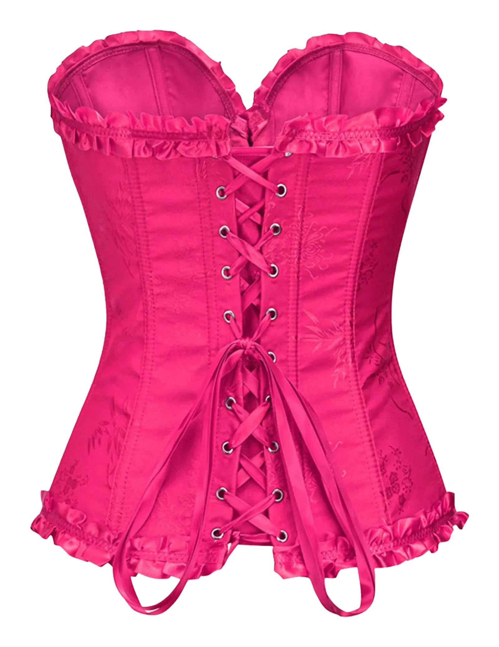 Pink floral lace corset top for women with ruffle details and lace-up front for a stylish look